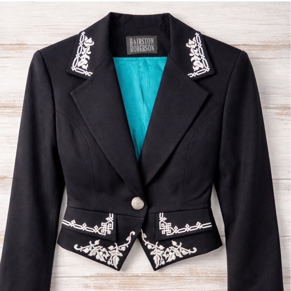 Hairston Roberson Womens Black Wool Embroidered‎ Western Blazer Jacket Size 14